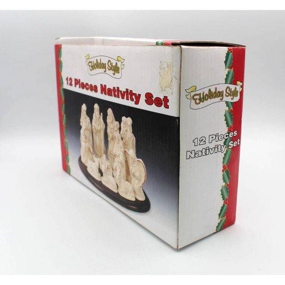 Nativity Set Holiday Style Wooden Base White Porcelain with Gold Color Accents - Picture 3 of 16